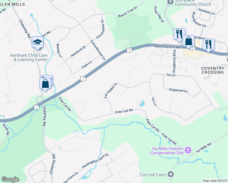 map of restaurants, bars, coffee shops, grocery stores, and more near 86 Fox Valley Lane in Glen Mills
