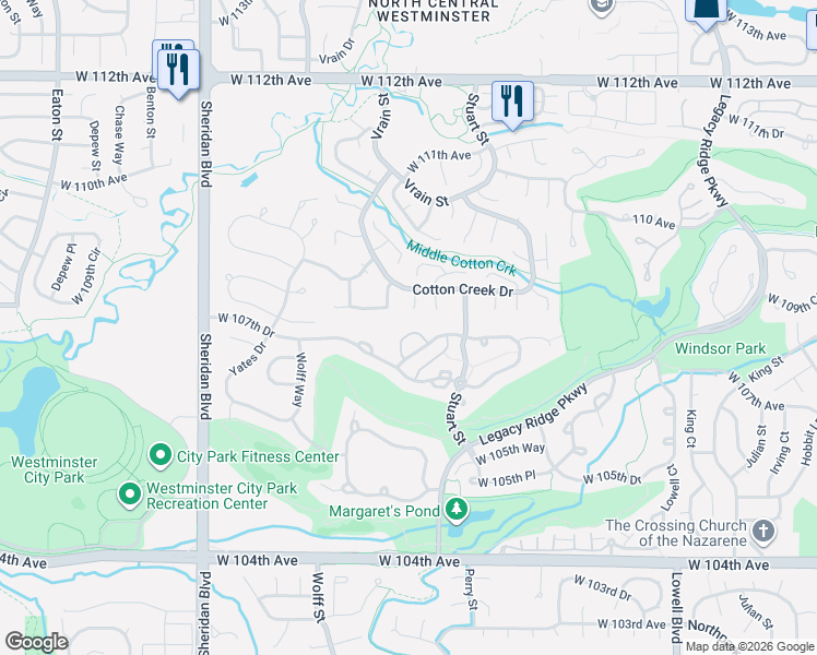 map of restaurants, bars, coffee shops, grocery stores, and more near 10861 Utica Street in Westminster