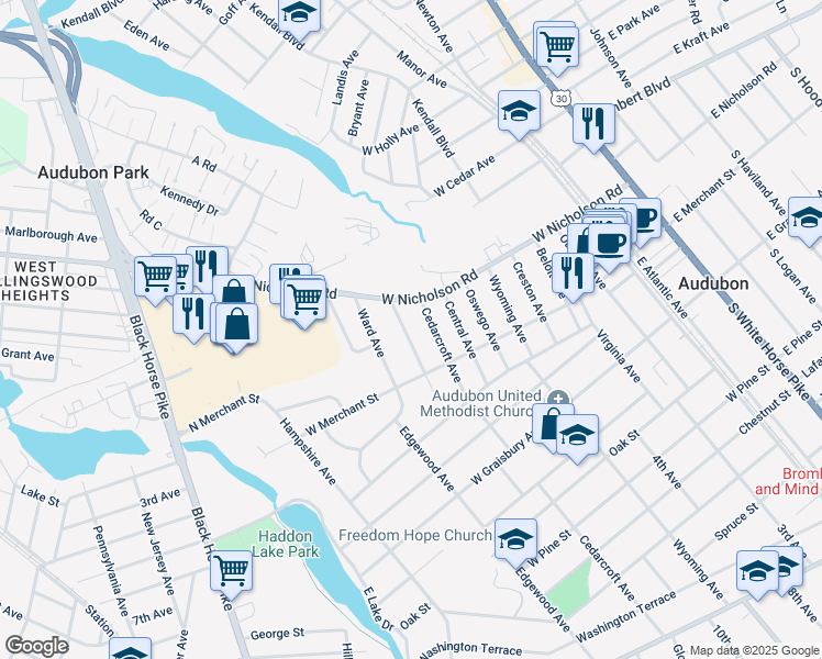 map of restaurants, bars, coffee shops, grocery stores, and more near 29 Payson Avenue in Audubon
