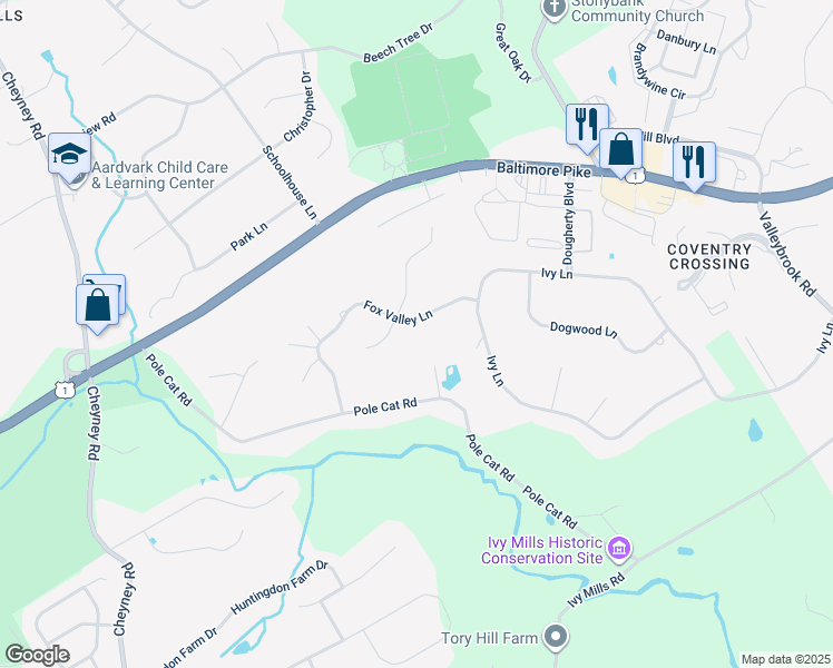 map of restaurants, bars, coffee shops, grocery stores, and more near 34 Fox Valley Lane in Glen Mills