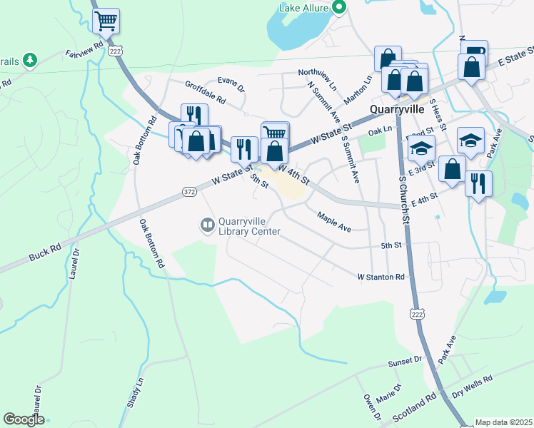 map of restaurants, bars, coffee shops, grocery stores, and more near 410 West Chestnut Street in Quarryville