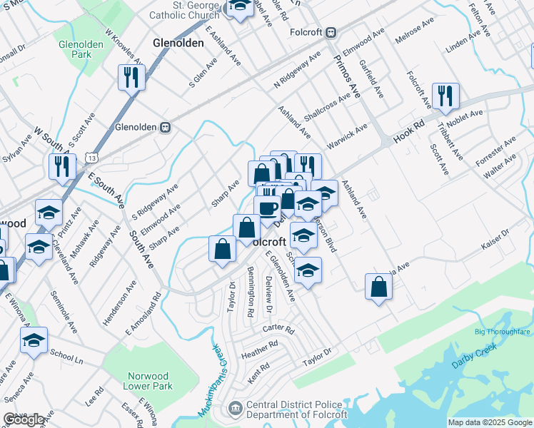 map of restaurants, bars, coffee shops, grocery stores, and more near 1890 Delmar Drive in Folcroft