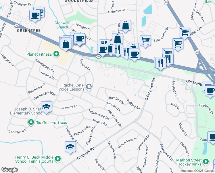 map of restaurants, bars, coffee shops, grocery stores, and more near 619 Guilford Road in Cherry Hill Township