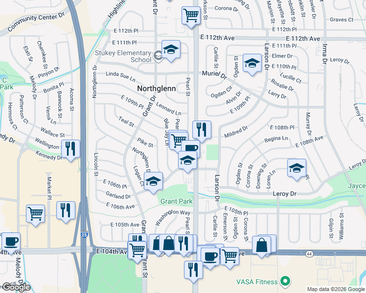 map of restaurants, bars, coffee shops, grocery stores, and more near 10814 Pearl Court in Northglenn