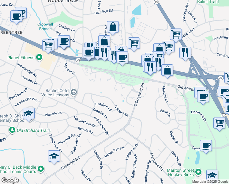 map of restaurants, bars, coffee shops, grocery stores, and more near 237 Fir Tree Court in Evesham