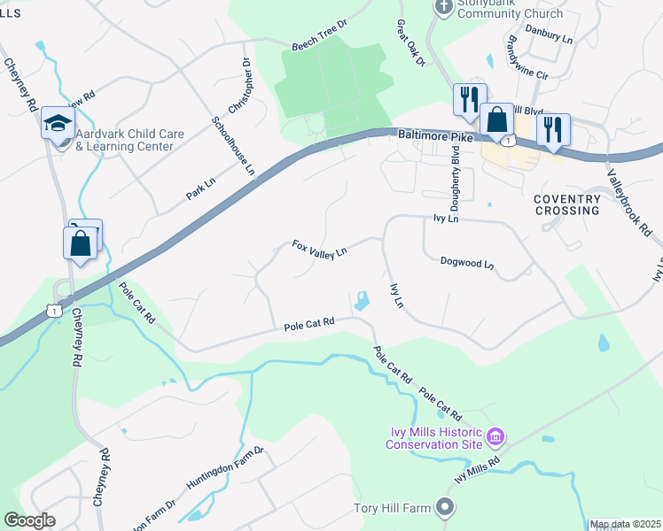 map of restaurants, bars, coffee shops, grocery stores, and more near 34 Fox Valley Lane in Glen Mills