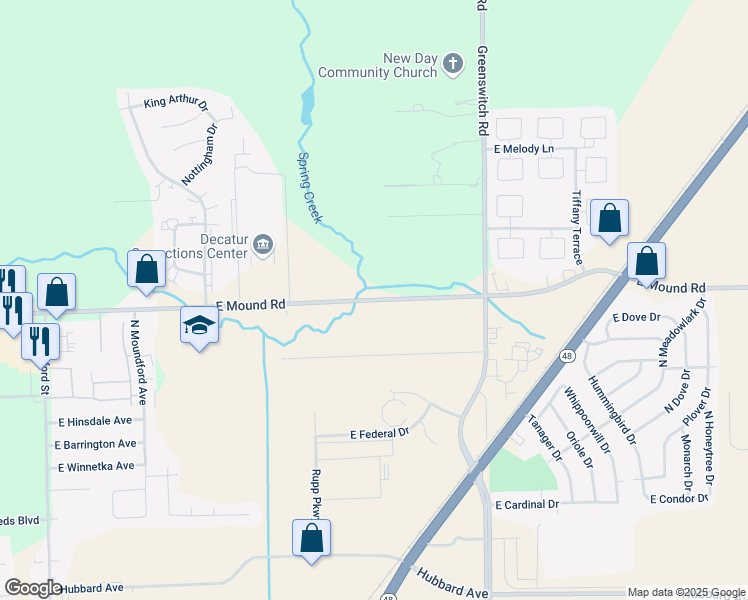 map of restaurants, bars, coffee shops, grocery stores, and more near East Mound Road in Decatur