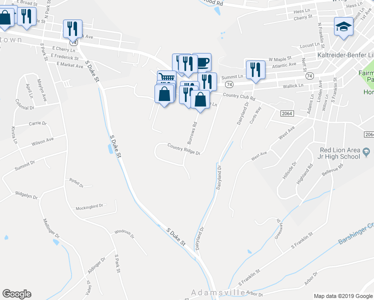 map of restaurants, bars, coffee shops, grocery stores, and more near 199 Country Ridge Drive in Red Lion