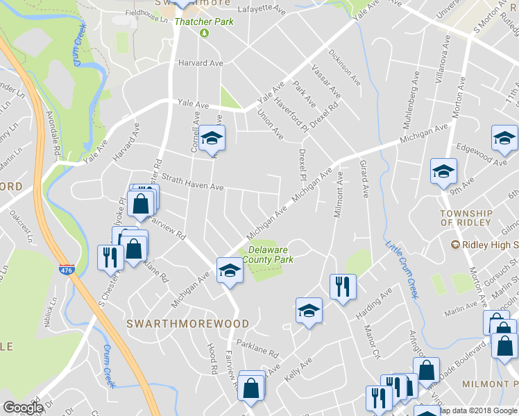 map of restaurants, bars, coffee shops, grocery stores, and more near 515 School Lane in Swarthmore