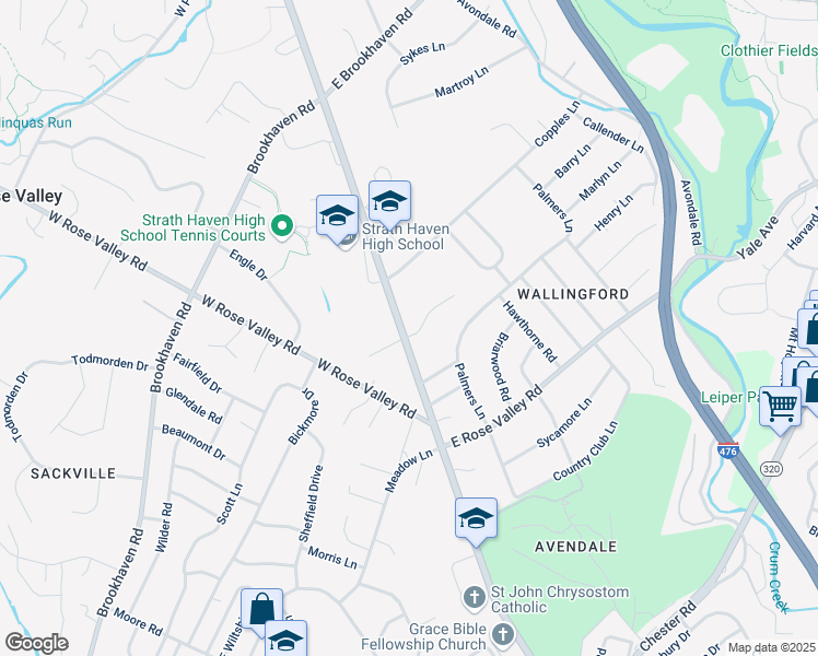 map of restaurants, bars, coffee shops, grocery stores, and more near 5 Strathmore Court in Nether Providence Township