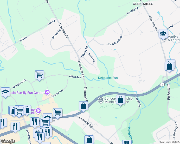 map of restaurants, bars, coffee shops, grocery stores, and more near 119 Thornton Road in Thornton