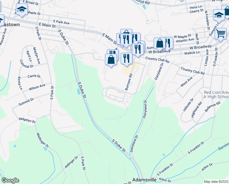 map of restaurants, bars, coffee shops, grocery stores, and more near 249 Country Ridge Drive in Red Lion