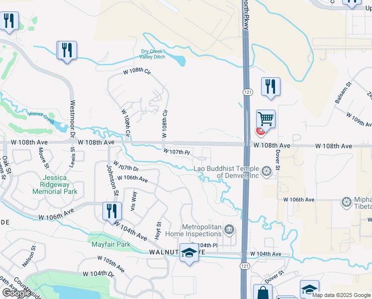 map of restaurants, bars, coffee shops, grocery stores, and more near 9303 West 107th Place in Westminster