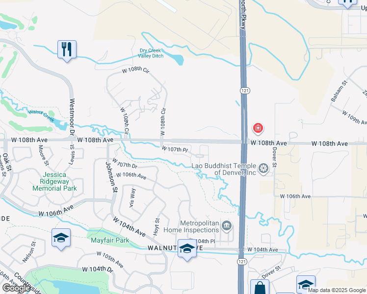 map of restaurants, bars, coffee shops, grocery stores, and more near 9363 West 107th Place in Westminster