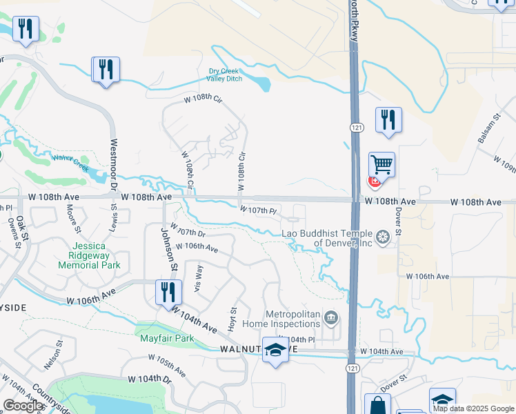 map of restaurants, bars, coffee shops, grocery stores, and more near 9363 West 107th Place in Westminster