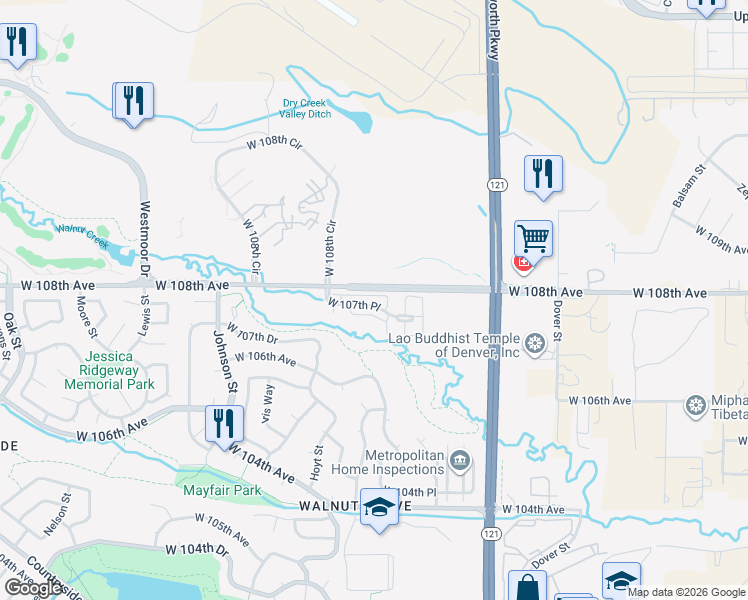 map of restaurants, bars, coffee shops, grocery stores, and more near 9253 West 107th Place in Westminster