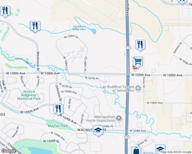 map of restaurants, bars, coffee shops, grocery stores, and more near 9363 West 107th Place in Westminster