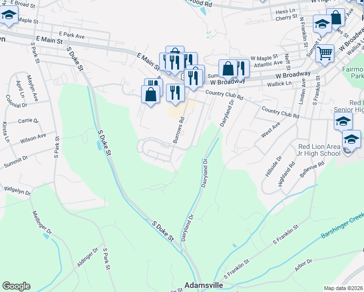 map of restaurants, bars, coffee shops, grocery stores, and more near 210 Country Ridge Drive in Red Lion