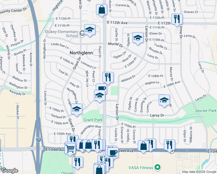 map of restaurants, bars, coffee shops, grocery stores, and more near 10790 Washington Street in Northglenn