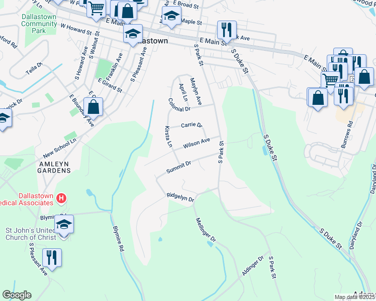 map of restaurants, bars, coffee shops, grocery stores, and more near 643 Wilson Avenue in Dallastown