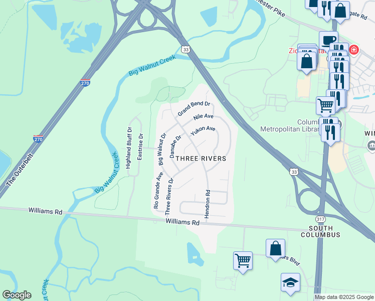 map of restaurants, bars, coffee shops, grocery stores, and more near 3945 Rhine Lane in Groveport