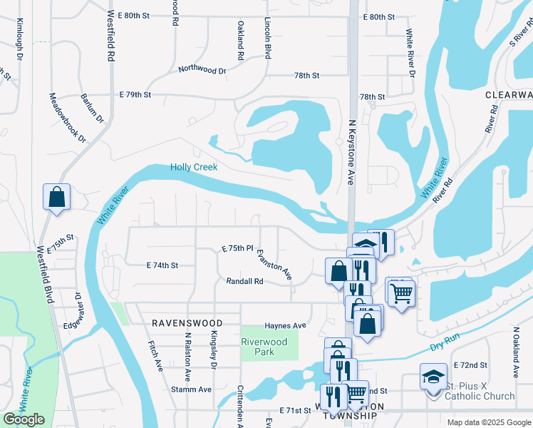 map of restaurants, bars, coffee shops, grocery stores, and more near 2150 East 75th Street in Indianapolis