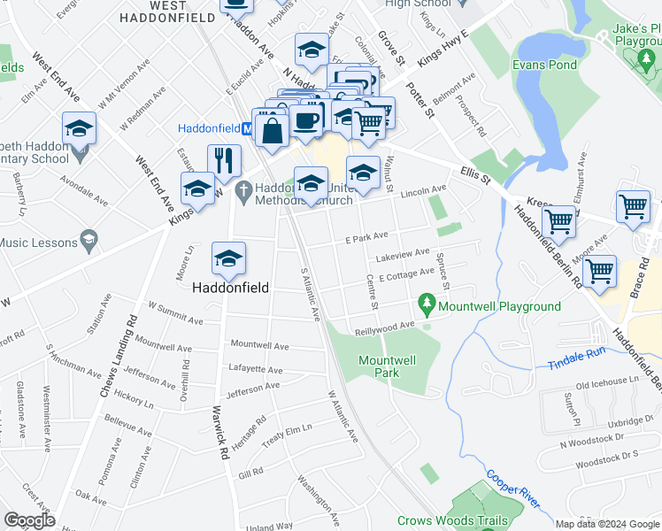 map of restaurants, bars, coffee shops, grocery stores, and more near 218 Chestnut Street in Haddonfield