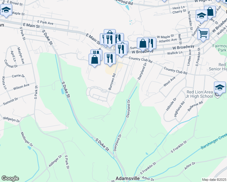 map of restaurants, bars, coffee shops, grocery stores, and more near 210 Country Ridge Drive in Red Lion