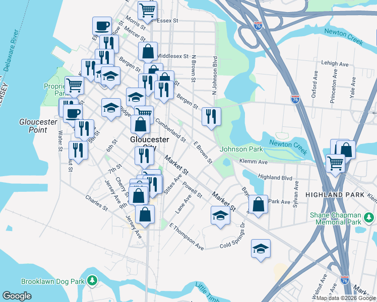 map of restaurants, bars, coffee shops, grocery stores, and more near in Gloucester City