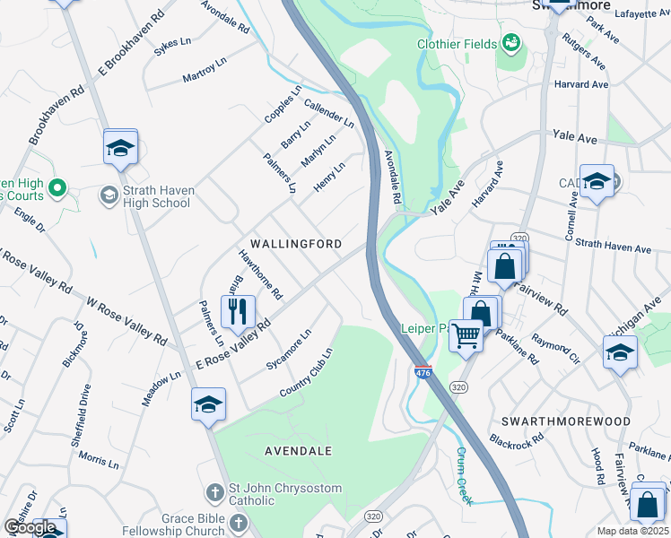 map of restaurants, bars, coffee shops, grocery stores, and more near 506 Oakcrest Lane in Nether Providence Township