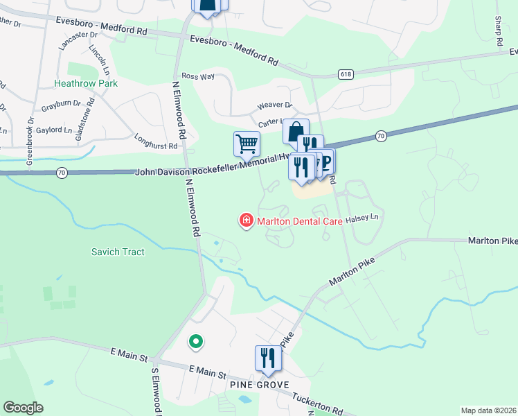 map of restaurants, bars, coffee shops, grocery stores, and more near 139 Overbrook Lane in Evesham