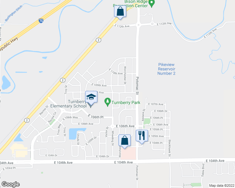 map of restaurants, bars, coffee shops, grocery stores, and more near 10797 Wheeling Drive in Commerce City