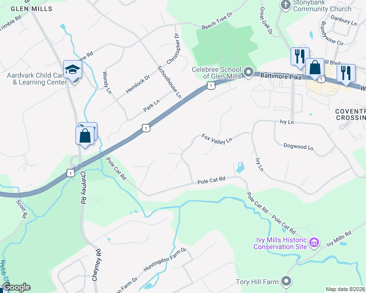 map of restaurants, bars, coffee shops, grocery stores, and more near 79 Fox Valley Lane in Glen Mills