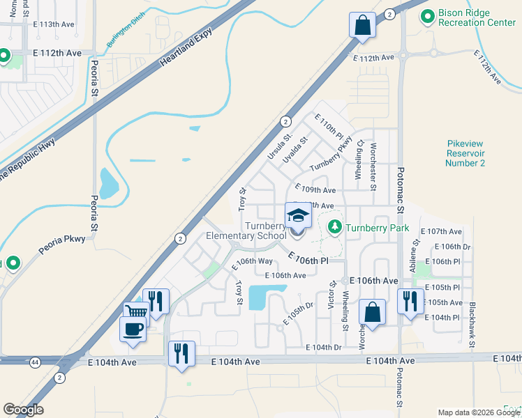 map of restaurants, bars, coffee shops, grocery stores, and more near 12904 East 108th Avenue in Commerce City