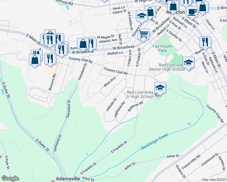 map of restaurants, bars, coffee shops, grocery stores, and more near 431 Hillside Drive in Red Lion
