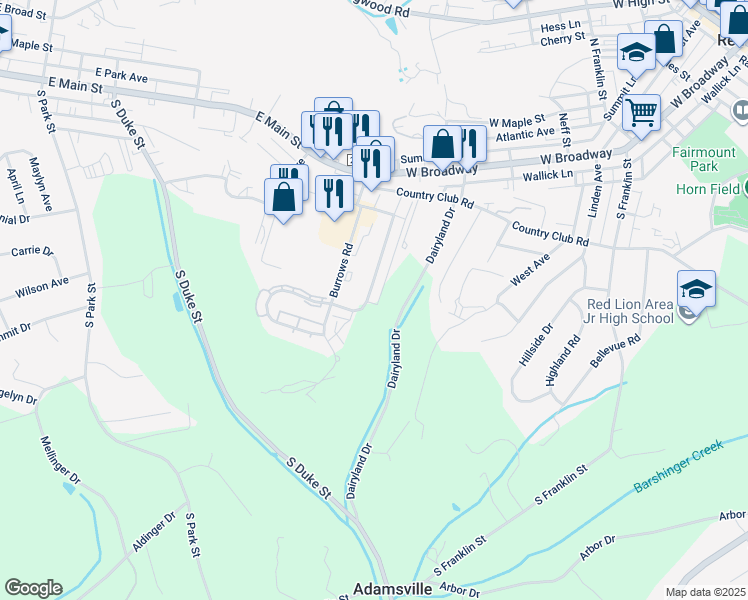 map of restaurants, bars, coffee shops, grocery stores, and more near 189 Country Ridge Drive in Red Lion