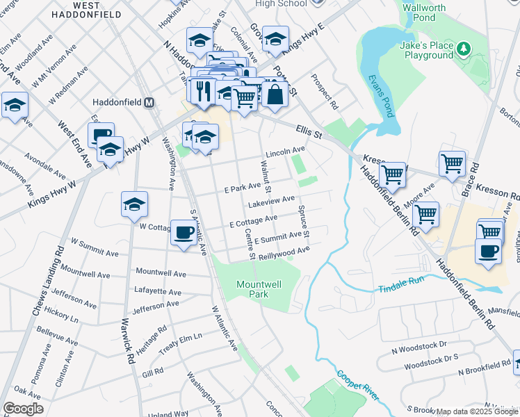map of restaurants, bars, coffee shops, grocery stores, and more near 216 Lakeview Avenue in Haddonfield