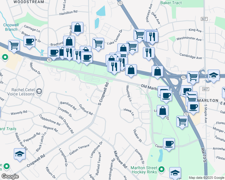 map of restaurants, bars, coffee shops, grocery stores, and more near 7 Owl Court in Evesham