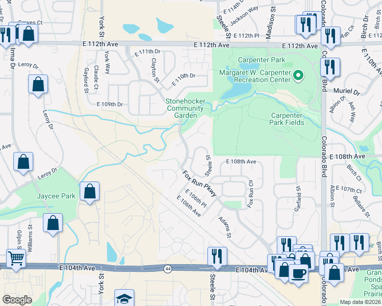 map of restaurants, bars, coffee shops, grocery stores, and more near 2996 East 108th Drive in Northglenn