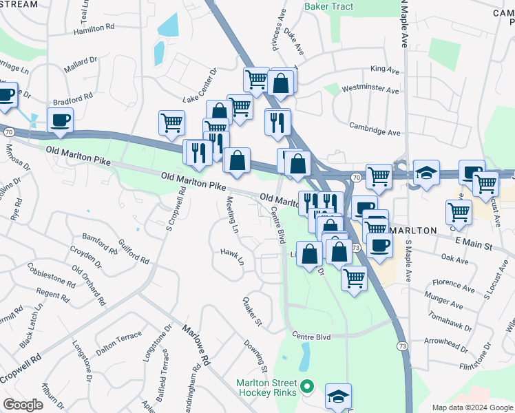map of restaurants, bars, coffee shops, grocery stores, and more near 80 Canterbury Court in Evesham