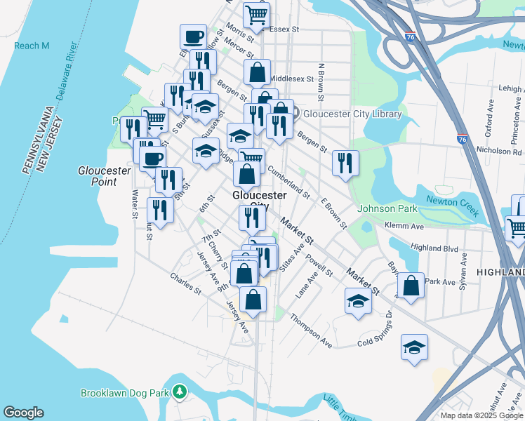 map of restaurants, bars, coffee shops, grocery stores, and more near in Gloucester City