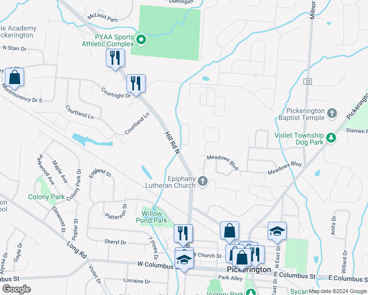 map of restaurants, bars, coffee shops, grocery stores, and more near 101 Alexander Lawrence Drive in Pickerington