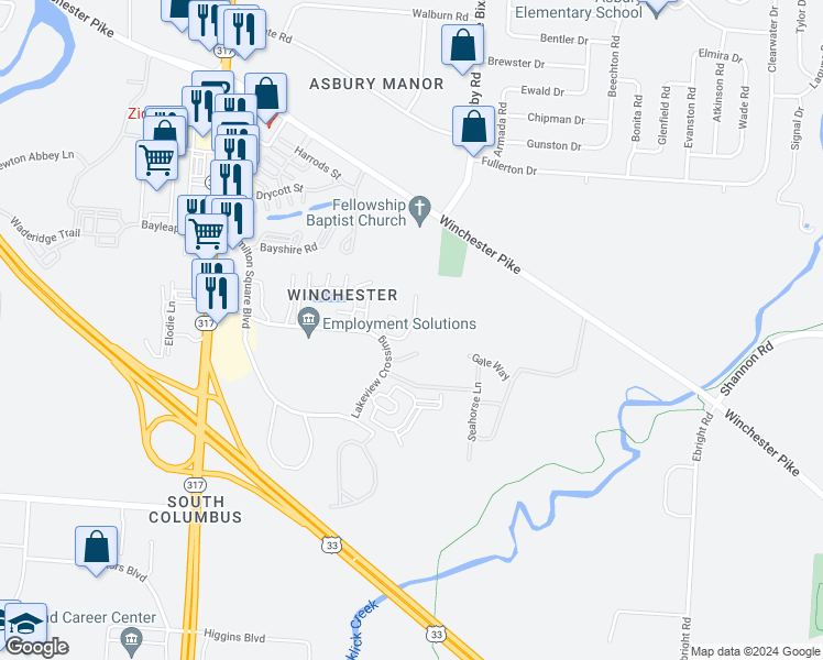 map of restaurants, bars, coffee shops, grocery stores, and more near 3996 Castel Drive in Groveport