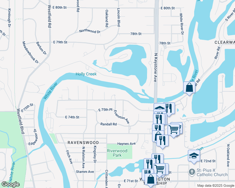map of restaurants, bars, coffee shops, grocery stores, and more near 2150 East 75th Street in Indianapolis