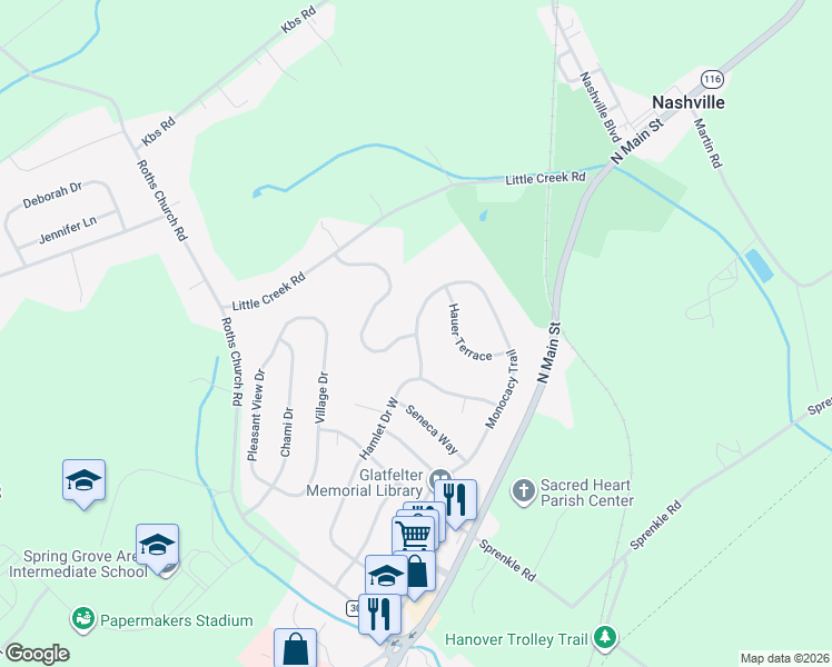 map of restaurants, bars, coffee shops, grocery stores, and more near 301 Greenwood Road in Spring Grove