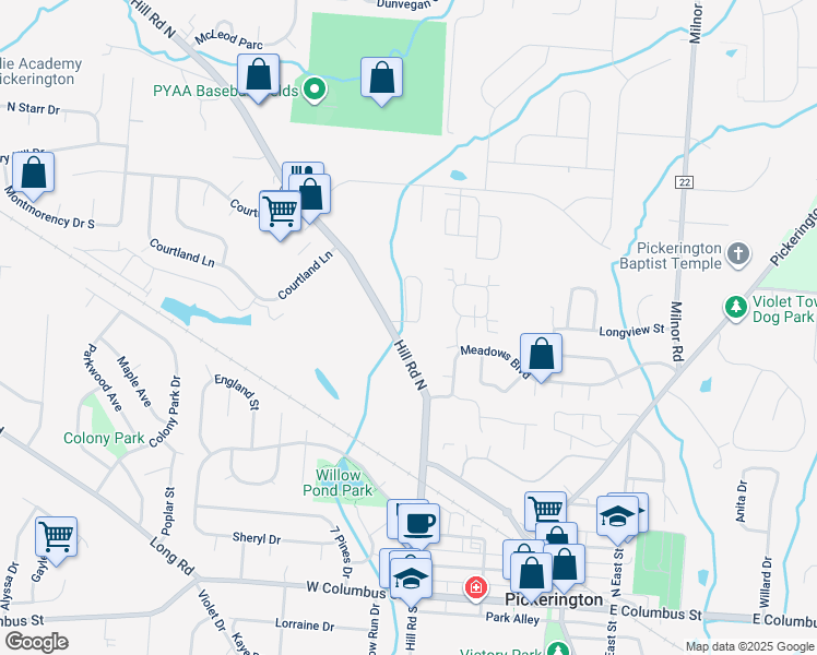 map of restaurants, bars, coffee shops, grocery stores, and more near 101 Alexander Lawrence Drive in Pickerington