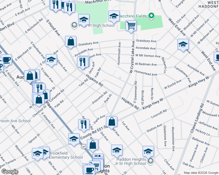 map of restaurants, bars, coffee shops, grocery stores, and more near 262 Crystal Terrace in Haddonfield