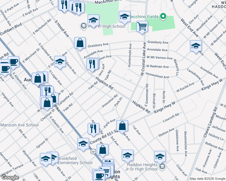 map of restaurants, bars, coffee shops, grocery stores, and more near 220 Carlisle Road in Audubon