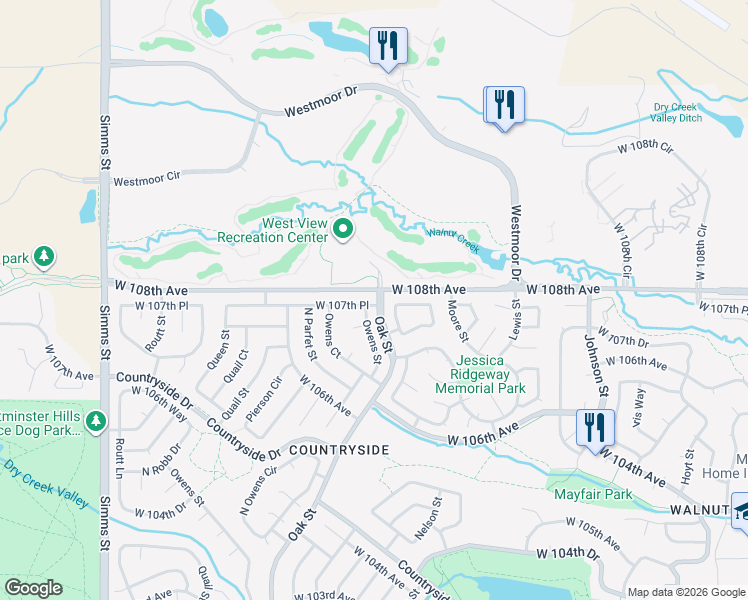 map of restaurants, bars, coffee shops, grocery stores, and more near 10801 West 107th Place in Westminster
