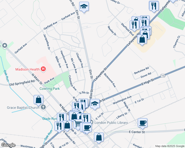 map of restaurants, bars, coffee shops, grocery stores, and more near 126 Elm Street in London